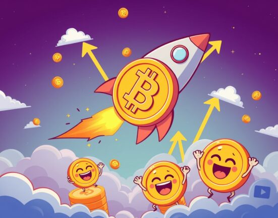BTC price milestone celebration with rocket Bitcoin coin soaring upward