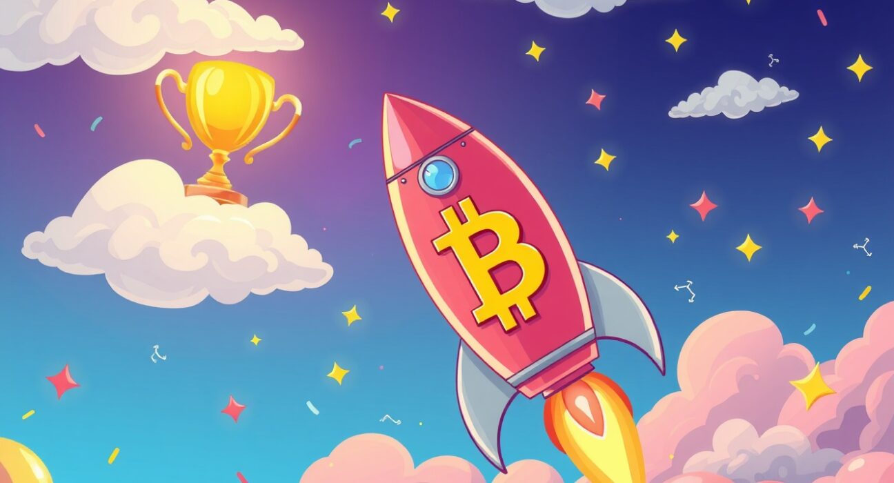 Bitcoin rocket celebrating BTC price reaching new all-time high milestone