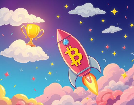 Bitcoin rocket celebrating BTC price reaching new all-time high milestone