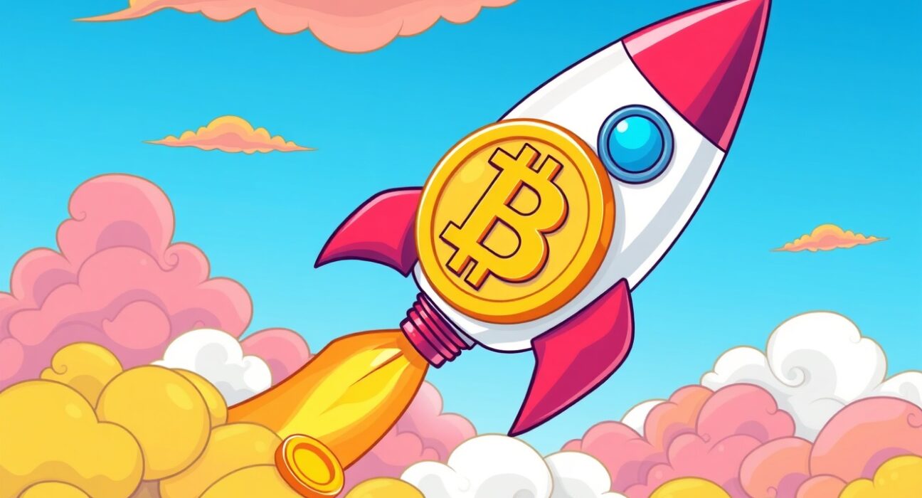 Bitcoin rocket ship soaring to represent BTC price reaching new heights above $104,000