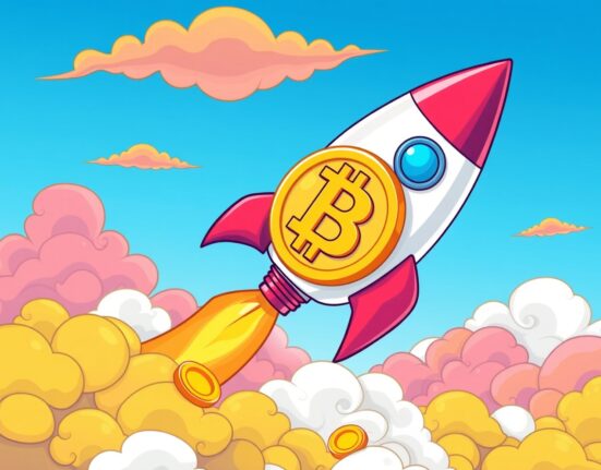 Bitcoin rocket ship soaring to represent BTC price reaching new heights above $104,000