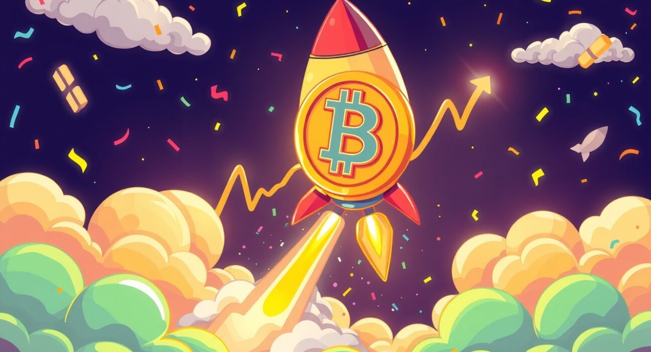 Bitcoin rocket ship celebrating BTC price surge above $106,000 mark