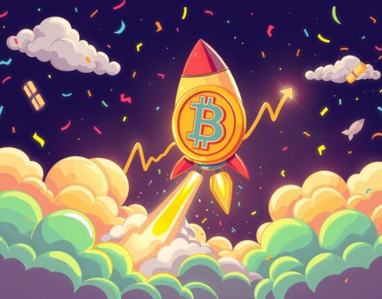 Bitcoin rocket ship celebrating BTC price surge above $106,000 mark
