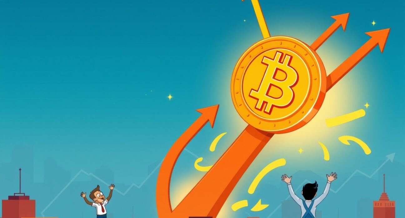 Cartoon illustration showing a BTC price surge as Bitcoin flies above a city, representing significant market growth.