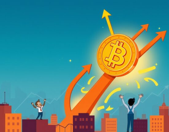 Cartoon illustration showing a BTC price surge as Bitcoin flies above a city, representing significant market growth.