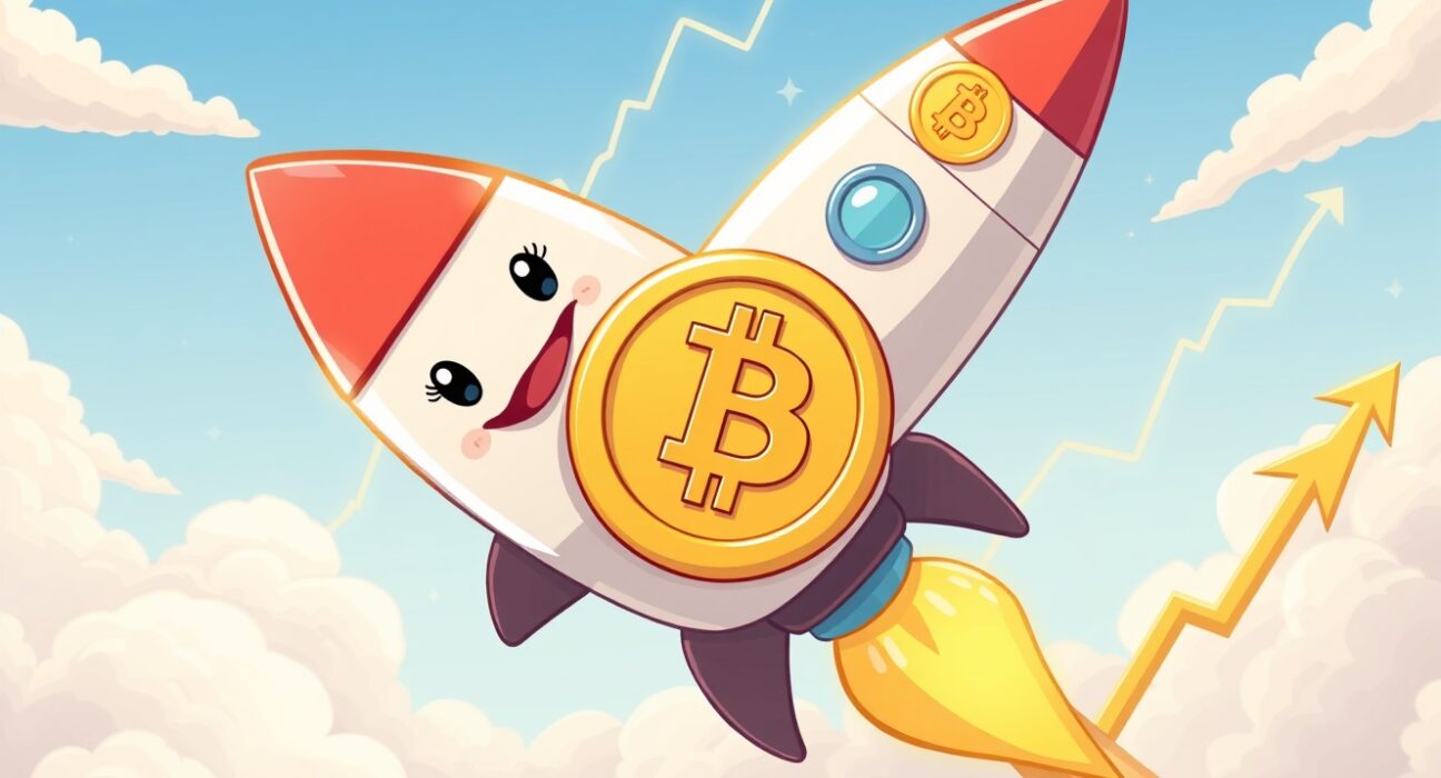 A cartoon rocket coin symbolizing the stunning BTC price surge above $87,000.