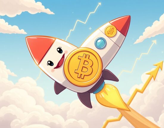 A cartoon rocket coin symbolizing the stunning BTC price surge above $87,000.