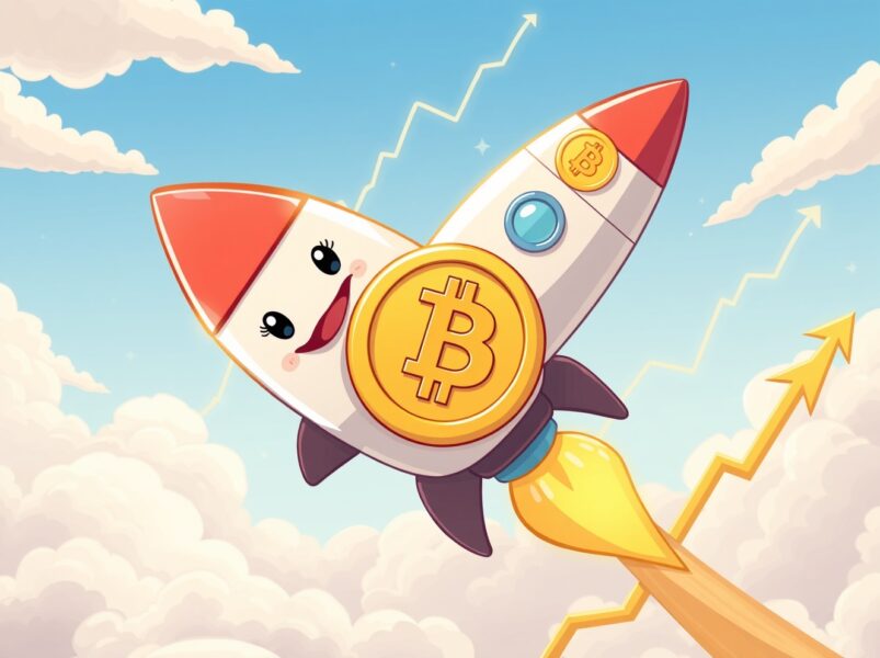 A cartoon rocket coin symbolizing the stunning BTC price surge above $87,000.