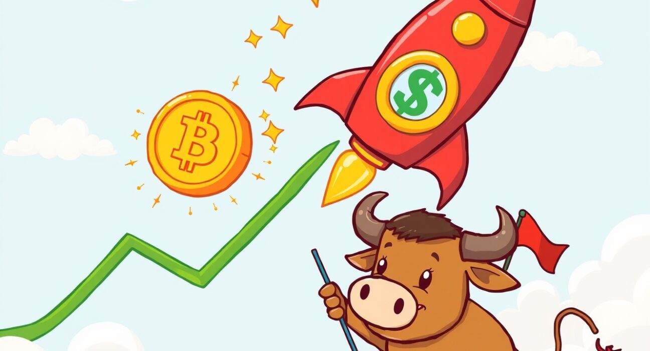A cartoon rocket symbolizing the surging BTC price blasts off from an upward graph as a bull watches.