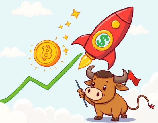 A cartoon rocket symbolizing the surging BTC price blasts off from an upward graph as a bull watches.