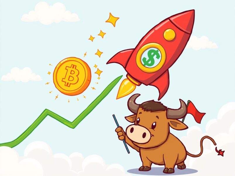 A cartoon rocket symbolizing the surging BTC price blasts off from an upward graph as a bull watches.
