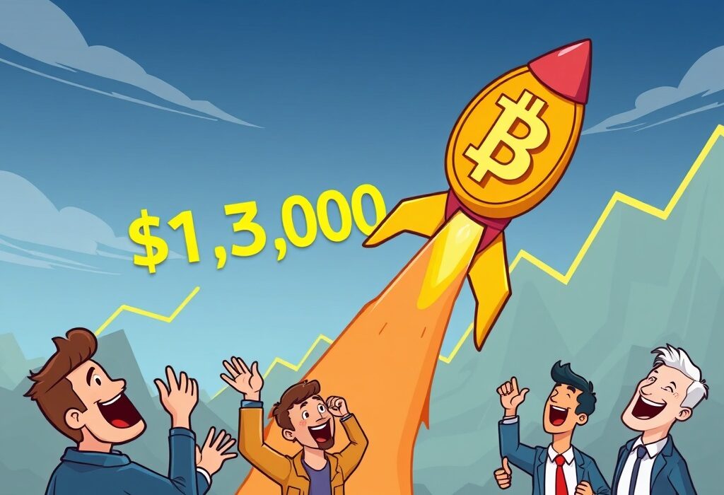 A cartoon illustration showing a massive golden Bitcoin rising dramatically above a city, symbolizing the significant BTC price surge and market excitement.