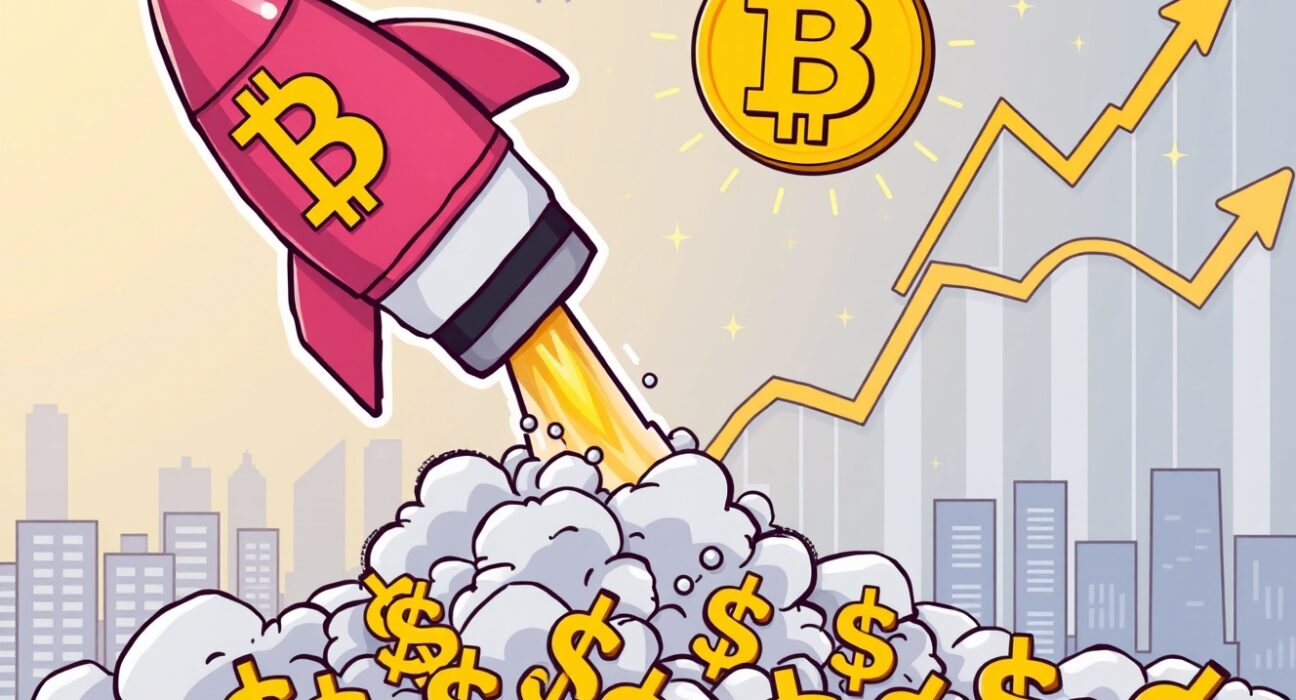 A vibrant cartoon Bitcoin rocket soaring upwards, symbolizing the impressive BTC price surge above $112,000.