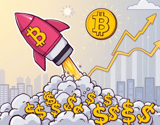A cartoon illustration showing a massive golden Bitcoin rising dramatically above a city, symbolizing the significant BTC price surge and market excitement.