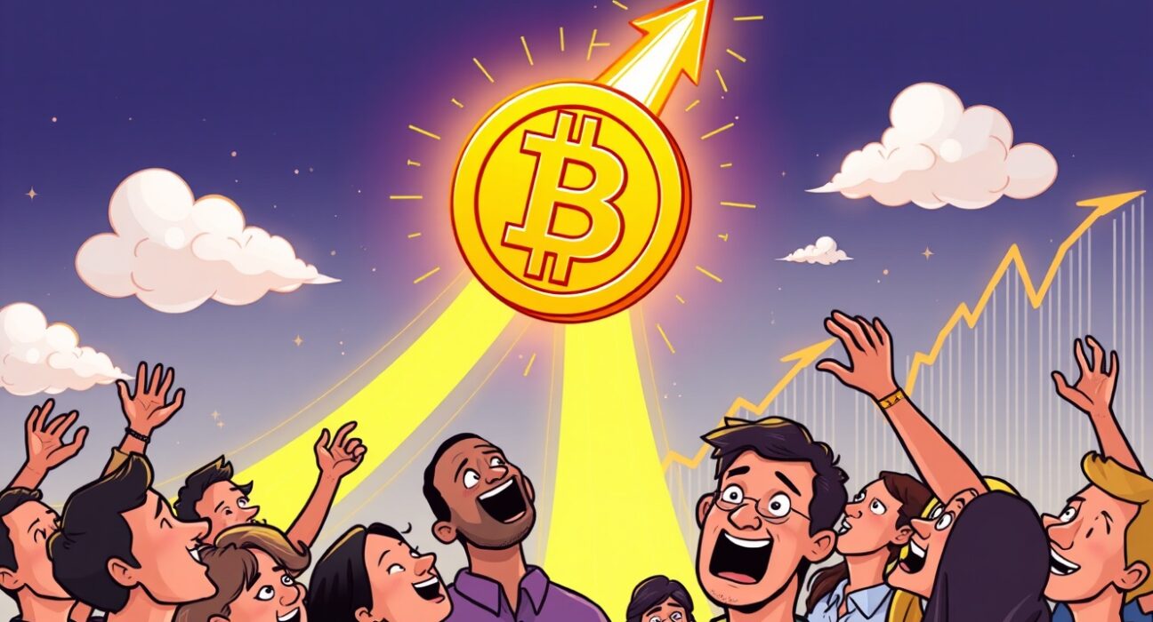 A cartoon Bitcoin rocket launching into the sky, symbolizing the BTC price surge and market excitement.