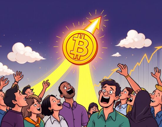 A cartoon Bitcoin rocket launching into the sky, symbolizing the BTC price surge and market excitement.