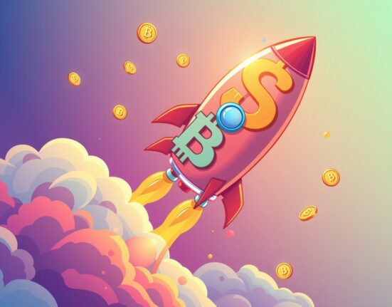 Bitcoin rocket soaring to new BTC price heights in vibrant cartoon illustration
