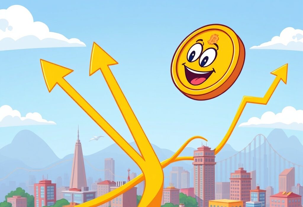 A cartoon illustration showing the BTC price surge with a Bitcoin soaring above the market, symbolizing its rise above $112,000.