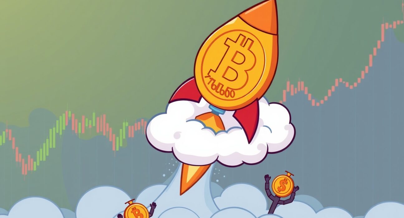 A cartoon Bitcoin rocket soaring above $116,000, symbolizing the exciting BTC price surge in the market.