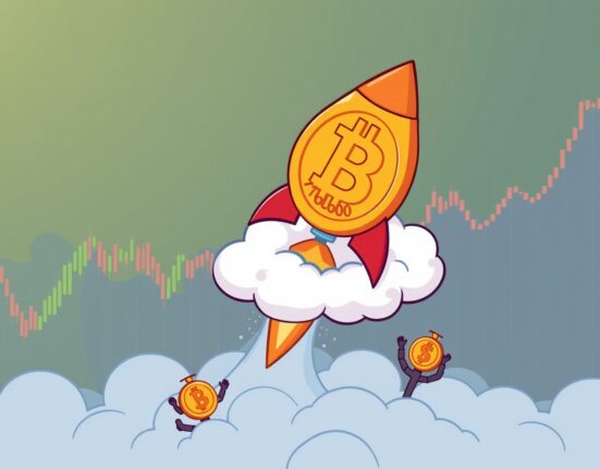 A cartoon illustration showing the BTC price surge with a Bitcoin soaring above the market, symbolizing its rise above $112,000.