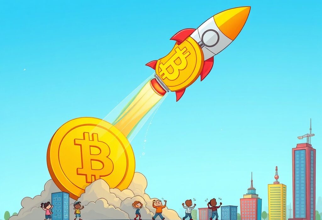 A cartoon Bitcoin rocket illustrates the incredible BTC price surge above $111,000.