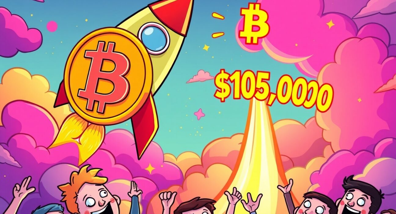 Bitcoin rocket soaring past $105,000 BTC price milestone in vibrant cartoon illustration