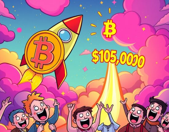 Bitcoin rocket soaring past $105,000 BTC price milestone in vibrant cartoon illustration
