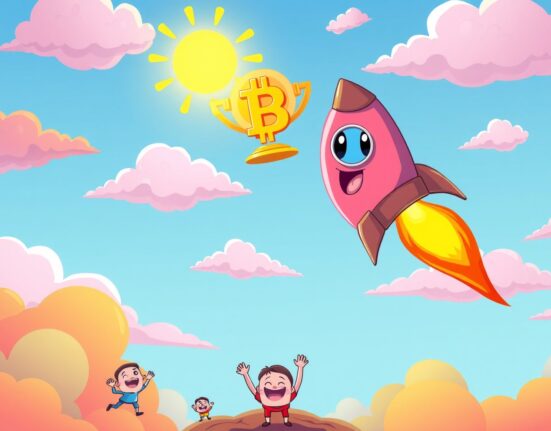Bitcoin rocket celebrating as BTC price reaches new record high