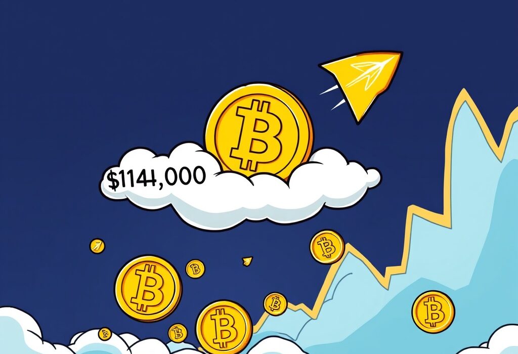 Cartoon illustration showing the BTC price breaking above $114,000, symbolizing a significant market rally.