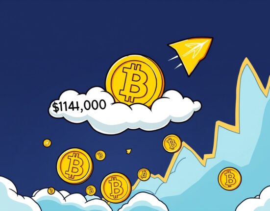 Cartoon illustration showing the BTC price breaking above $114,000, symbolizing a significant market rally.
