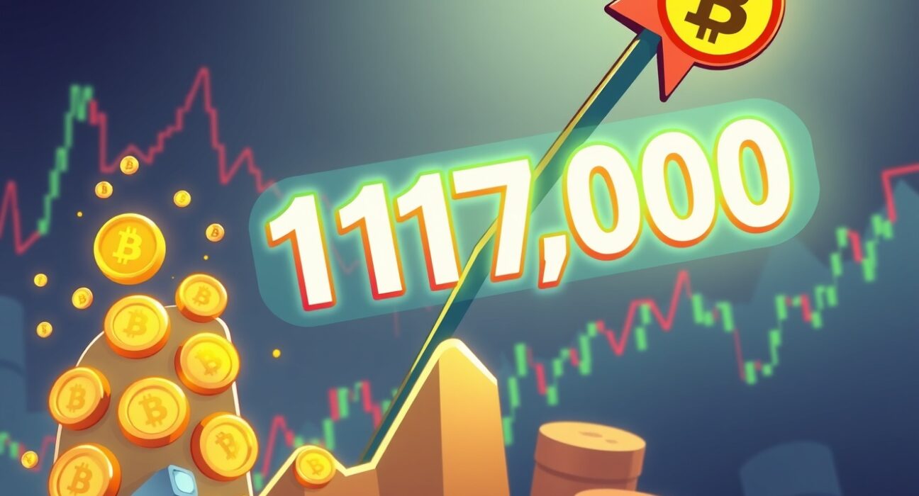A cartoon illustration symbolizing the impressive rise of the BTC price, breaking above the $117,000 mark in a vibrant crypto market.