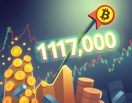 A cartoon illustration symbolizing the impressive rise of the BTC price, breaking above the $117,000 mark in a vibrant crypto market.