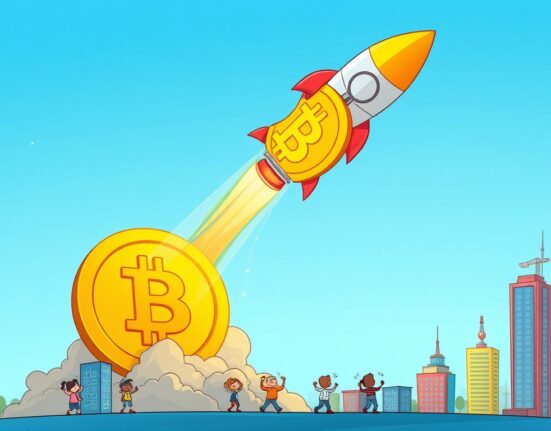 A cartoon Bitcoin rocket illustrates the incredible BTC price surge above $111,000.
