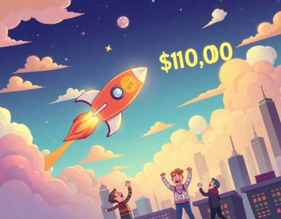 Bitcoin rocket celebrating BTC price reaching $100,000 milestone in cryptocurrency market