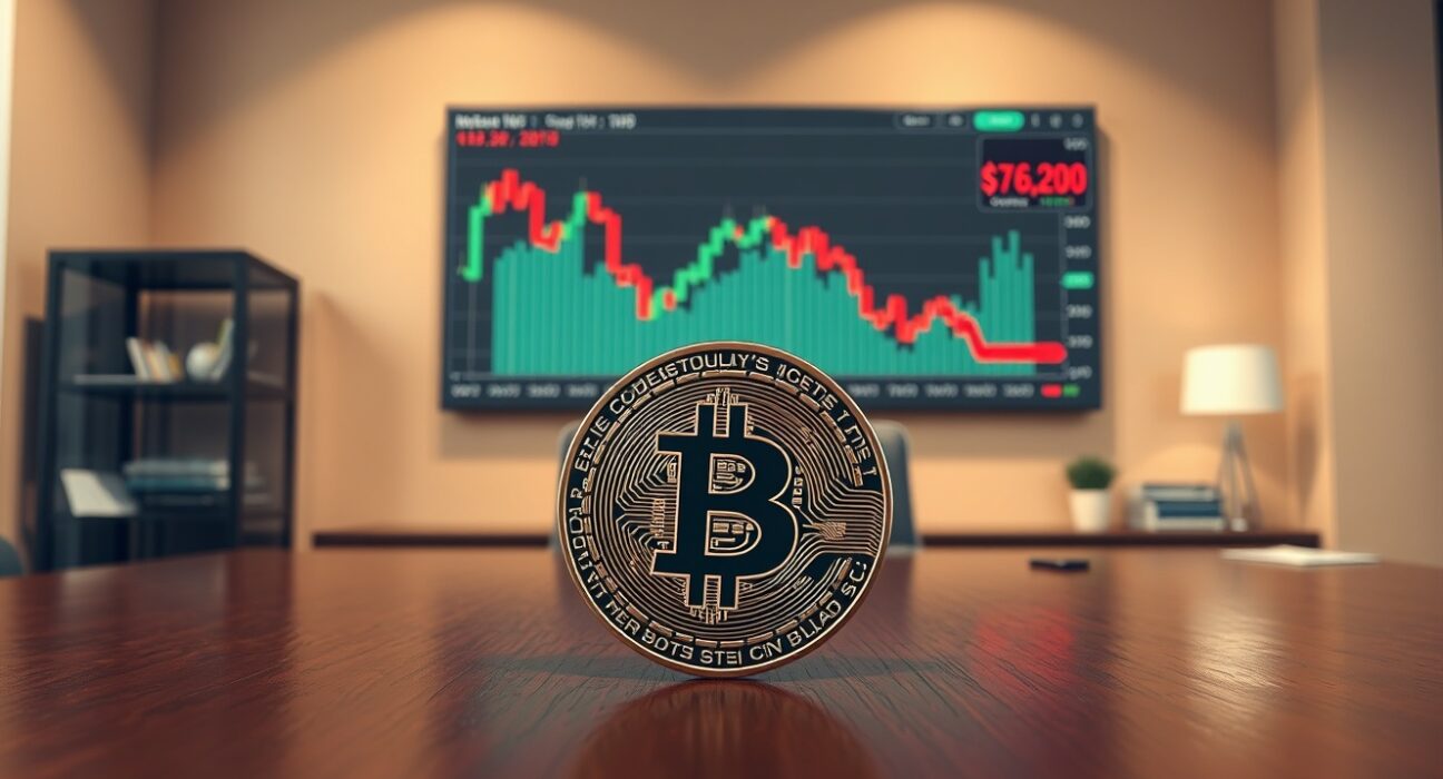 Bitcoin coin on table with digital chart showing price decline and $76,200 level, representing BTC rally and institutional caution