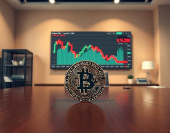 Bitcoin coin on table with digital chart showing price decline and $76,200 level, representing BTC rally and institutional caution