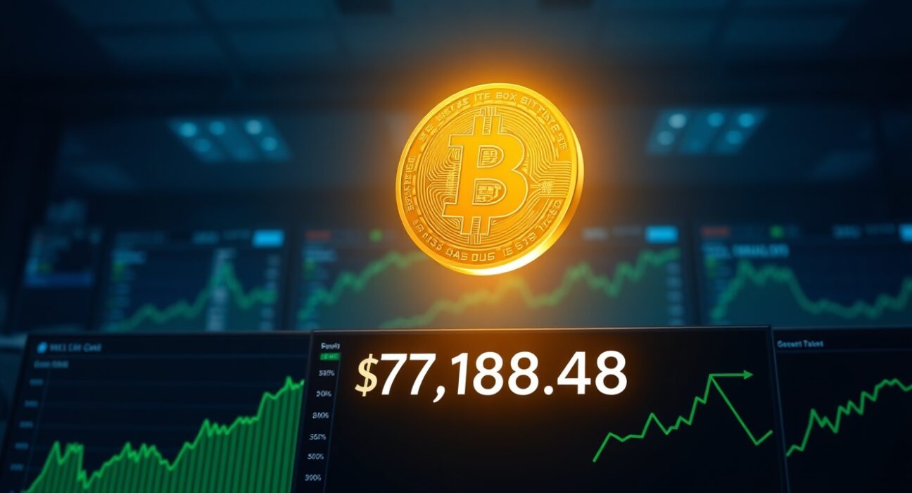 Bitcoin coin glowing above digital trading chart showing BTC rises above $77,000