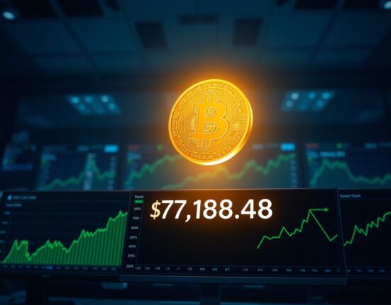 Bitcoin coin glowing above digital trading chart showing BTC rises above $77,000