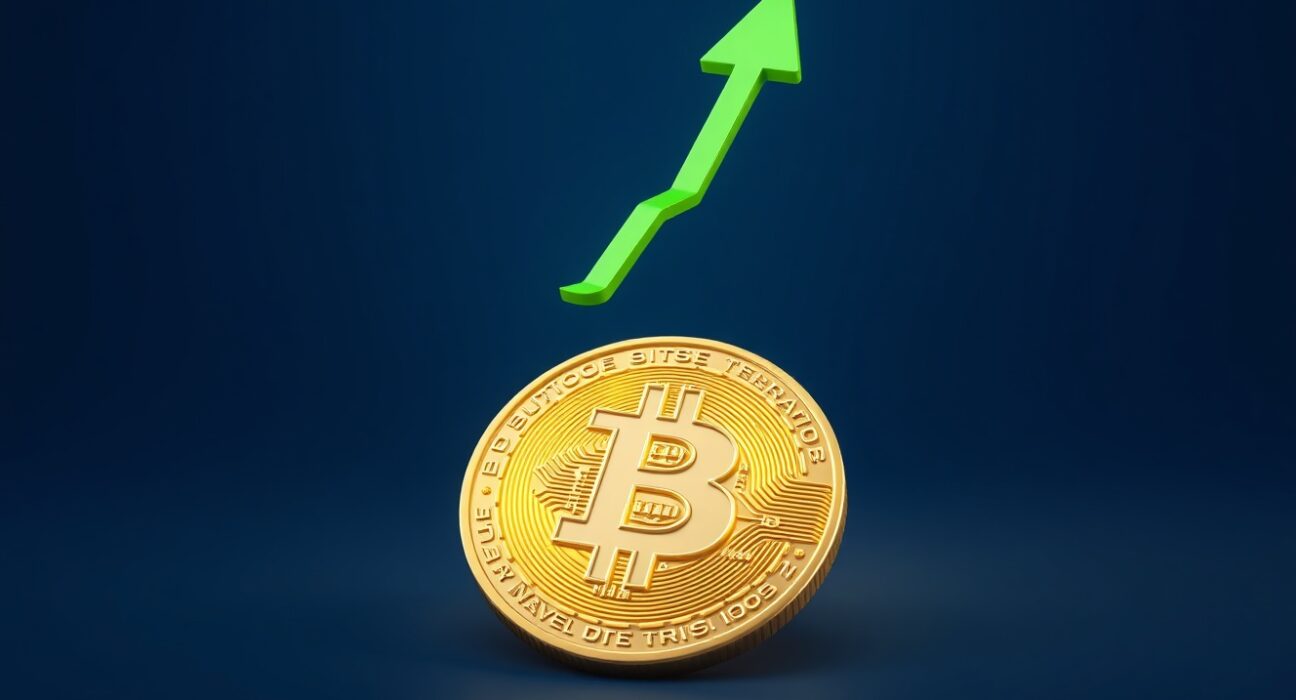 Bitcoin coin with a green upward arrow symbolizing BTC rises above $78,000 in the cryptocurrency market.