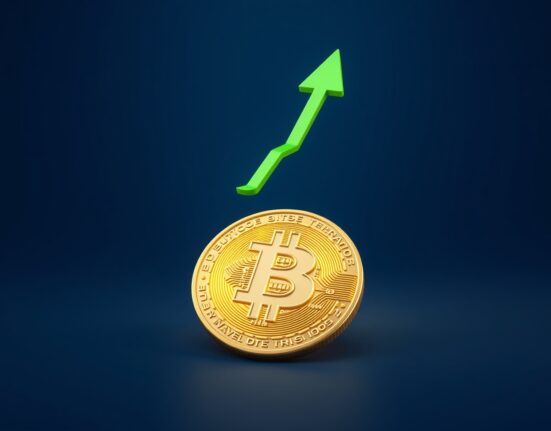 Bitcoin coin with a green upward arrow symbolizing BTC rises above $78,000 in the cryptocurrency market.