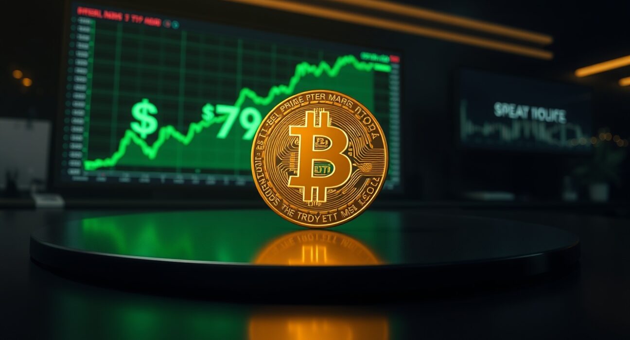 BTC rises above $79,000 as glowing Bitcoin coin on trading desk with upward chart