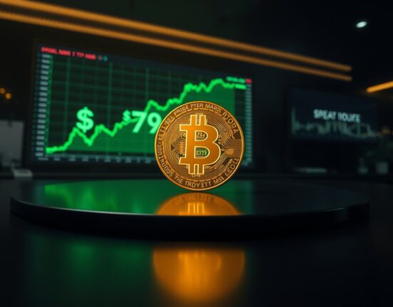 BTC rises above $79,000 as glowing Bitcoin coin on trading desk with upward chart