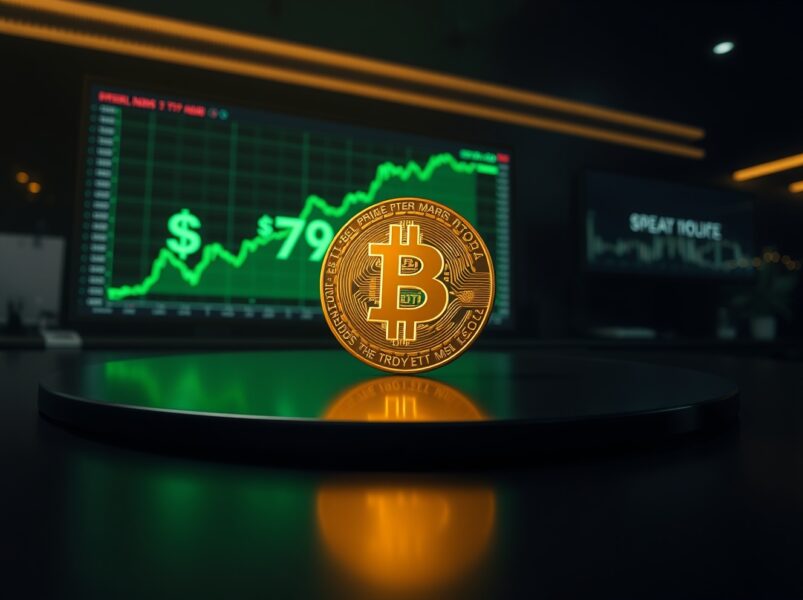 BTC rises above $79,000 as glowing Bitcoin coin on trading desk with upward chart