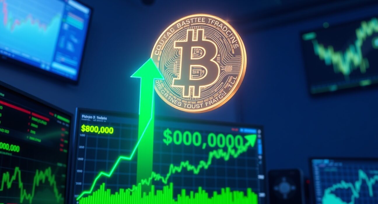BTC rises above $80,000 as a glowing Bitcoin coin hovers over a trading dashboard with green price charts.