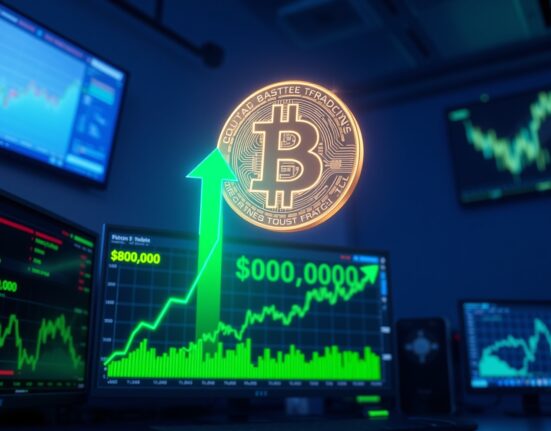 BTC rises above $80,000 as a glowing Bitcoin coin hovers over a trading dashboard with green price charts.