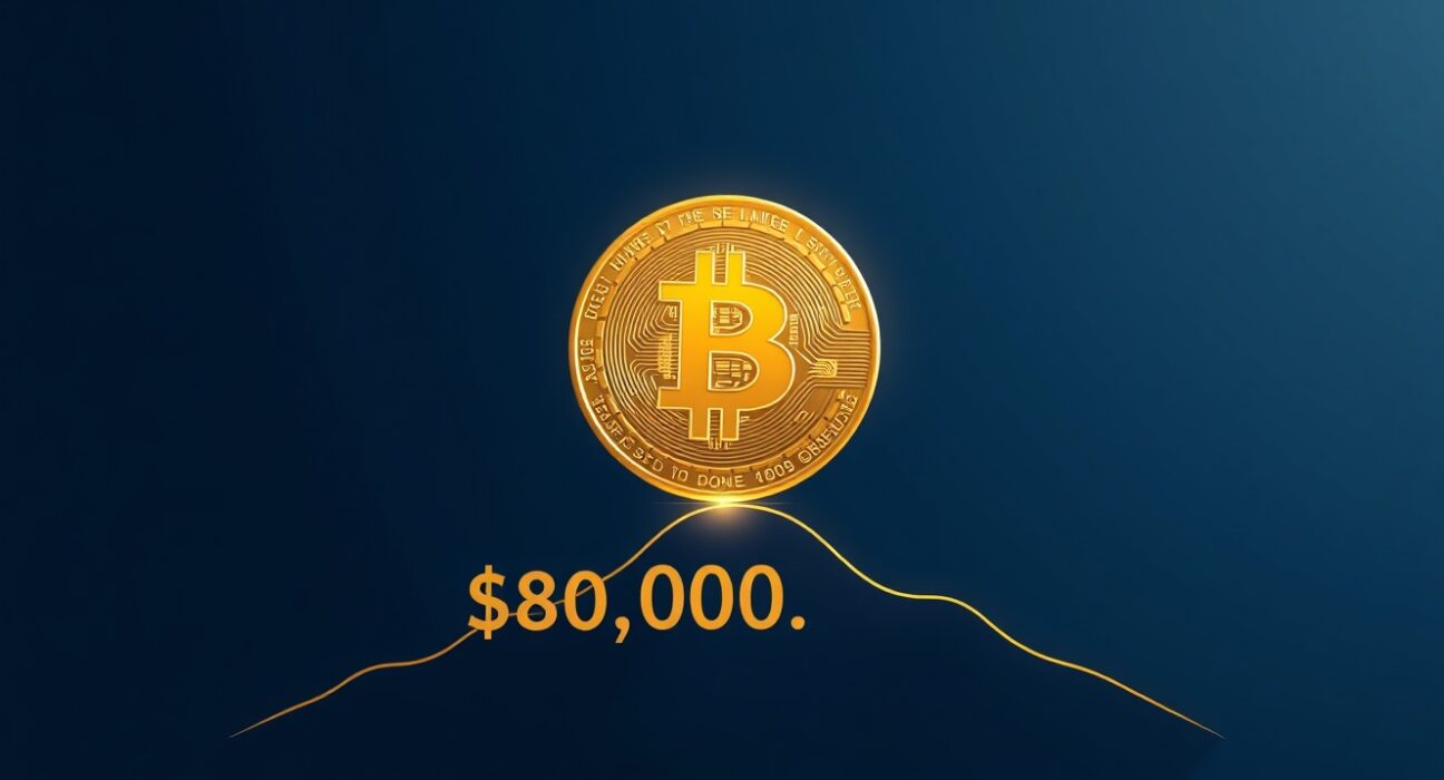BTC rises above $80,000 - A glowing Bitcoin coin on a dark background with an upward trend line