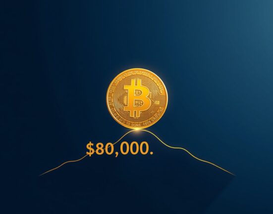 BTC rises above $80,000 - A glowing Bitcoin coin on a dark background with an upward trend line