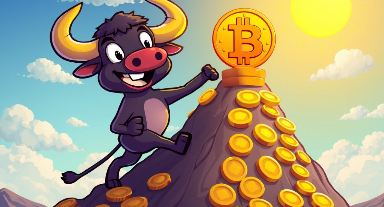 Bitcoin bull climbing coin mountain as BTC rises above $83,000 showing market momentum
