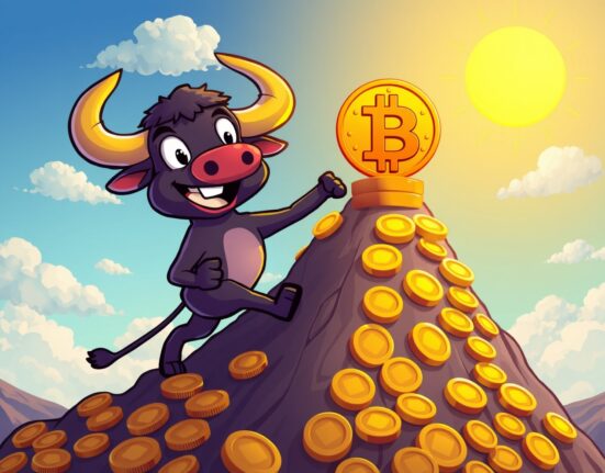 Bitcoin bull climbing coin mountain as BTC rises above $83,000 showing market momentum