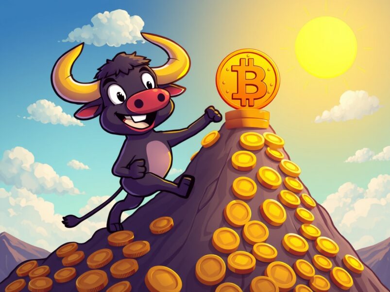 Bitcoin bull climbing coin mountain as BTC rises above $83,000 showing market momentum